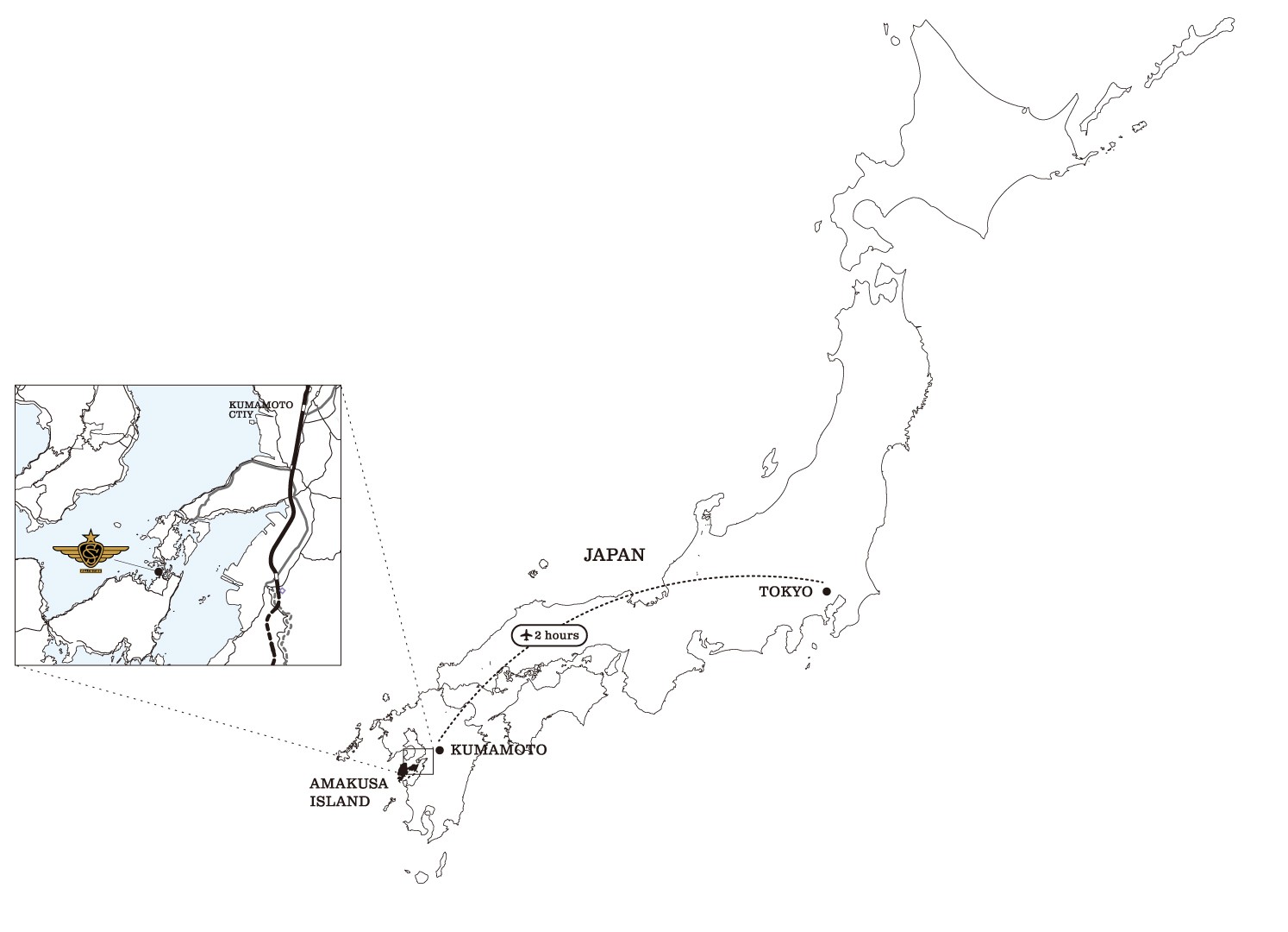 東京・熊本・天草諸島の位置関係を示すアクセスマップ